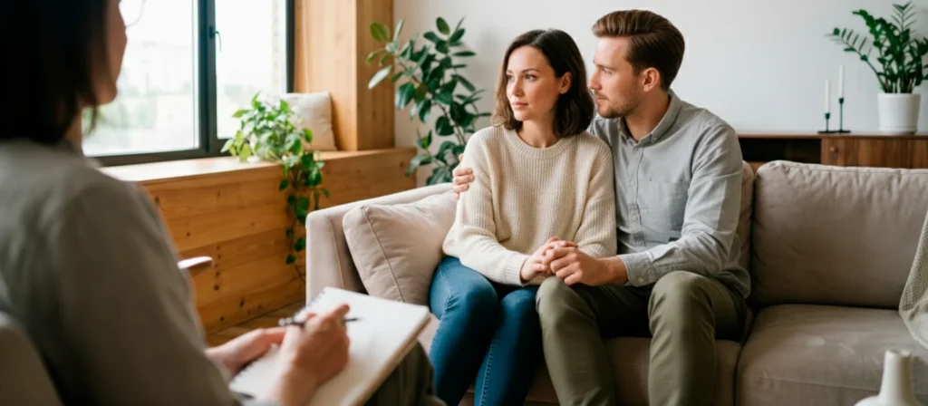 Casal em atendimento com profissional de psicologia